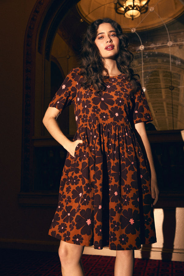 Princess Highway - Donna Flower Cord Smock Dress - rust