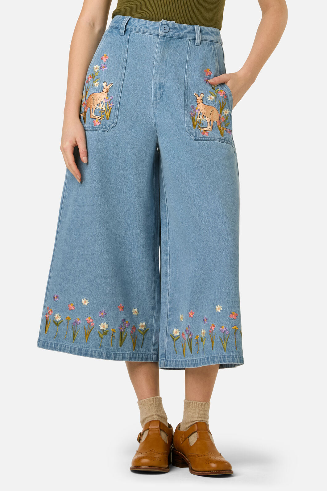 Princess Highway - Kangaroo Embroidered Culotte - blue-denim