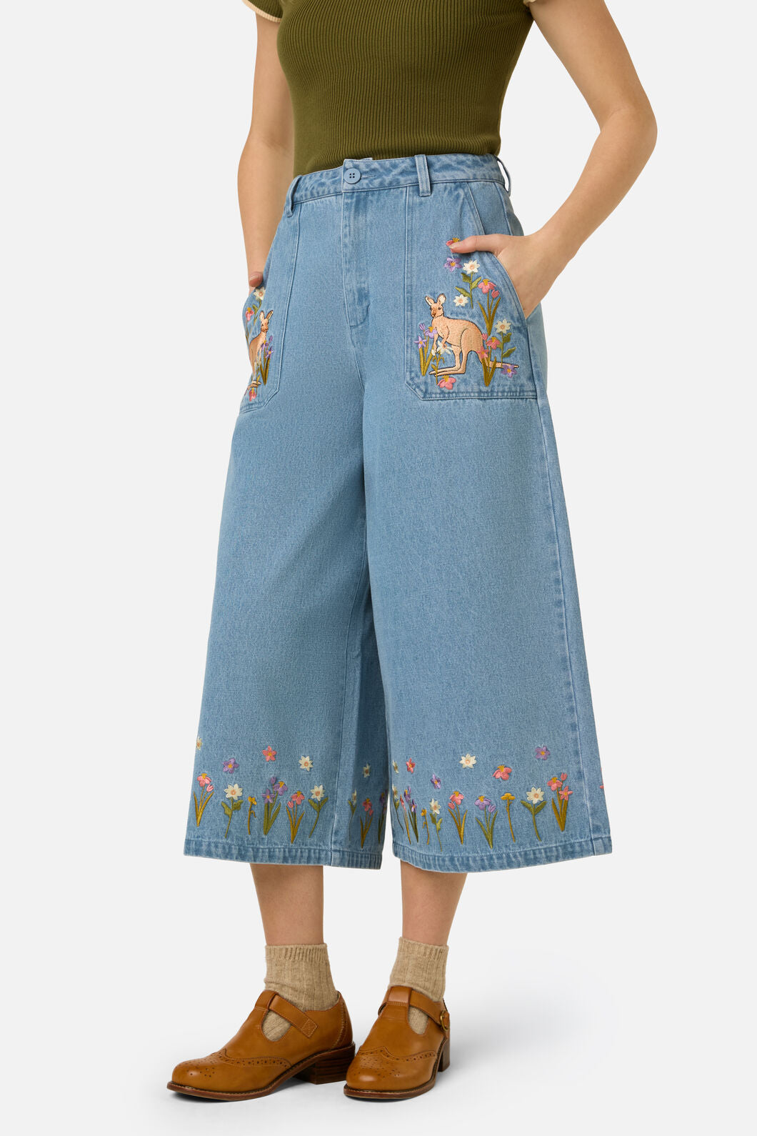 Princess Highway - Kangaroo Embroidered Culotte - blue-denim