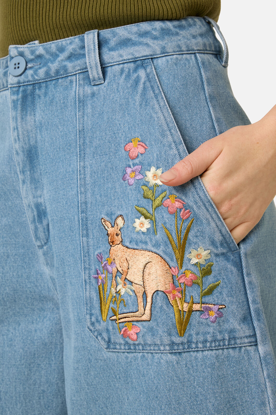 Princess Highway - Kangaroo Embroidered Culotte - blue-denim
