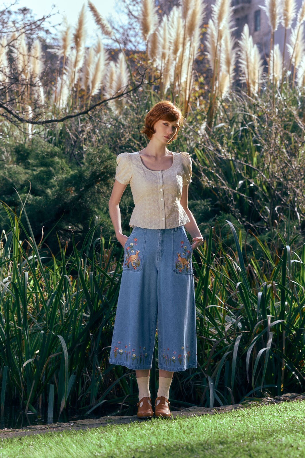 Princess Highway - Kangaroo Embroidered Culotte - blue-denim