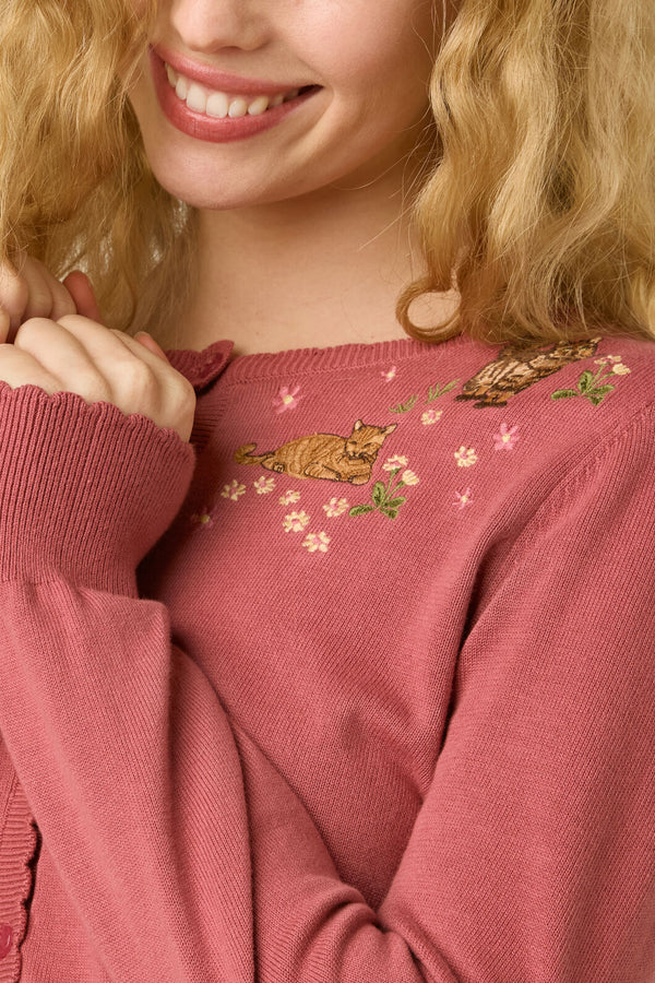 Princess Highway - Cats Embroidered Cardigan - rose