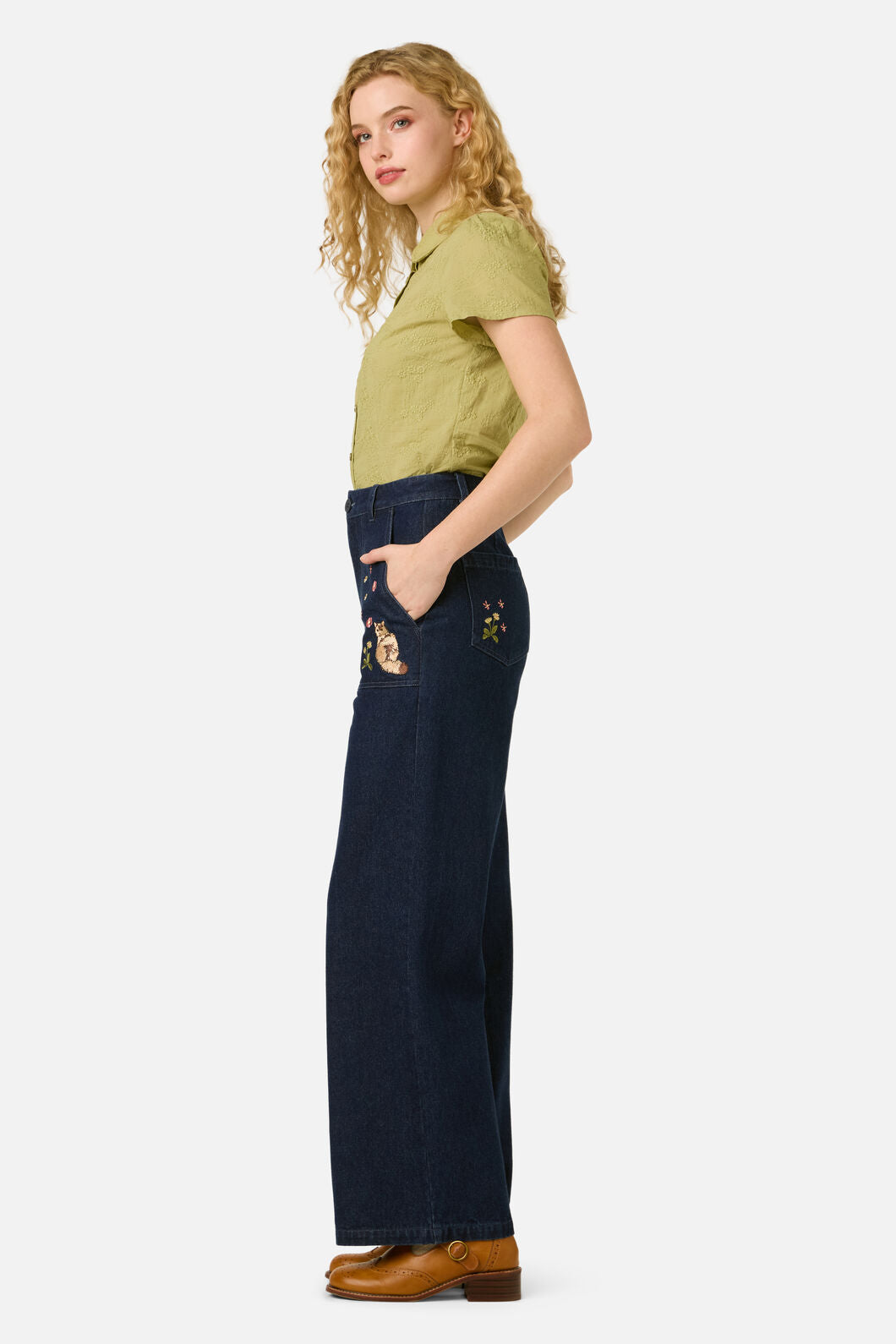 Princess Highway - Cats Embroidered Denim Jean - blue-denim