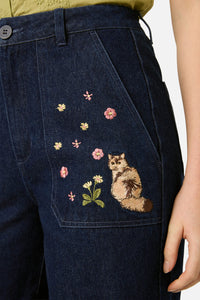 Princess Highway - Cats Embroidered Denim Jean - blue-denim