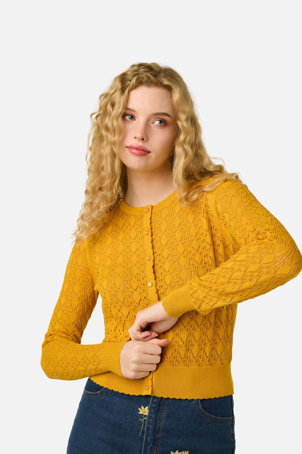 Princess Highway - Clara Pointelle Cardigan - mustard