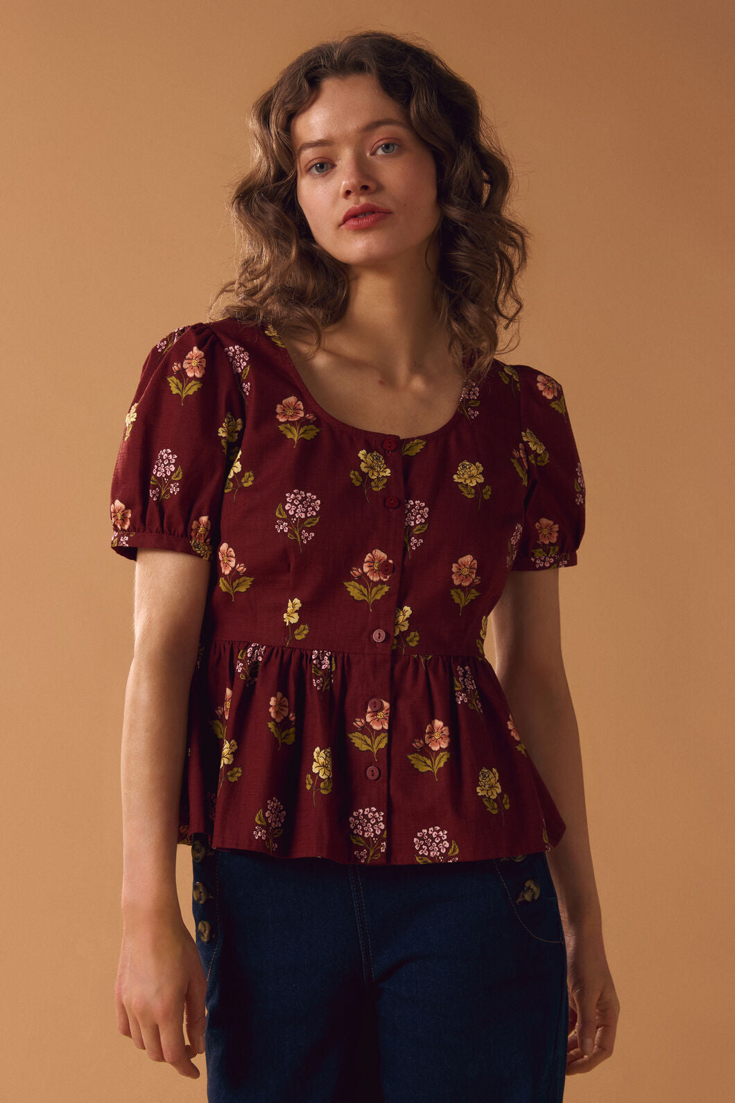 Princess Highway - Meika 90s Flower Peplum Top - rust