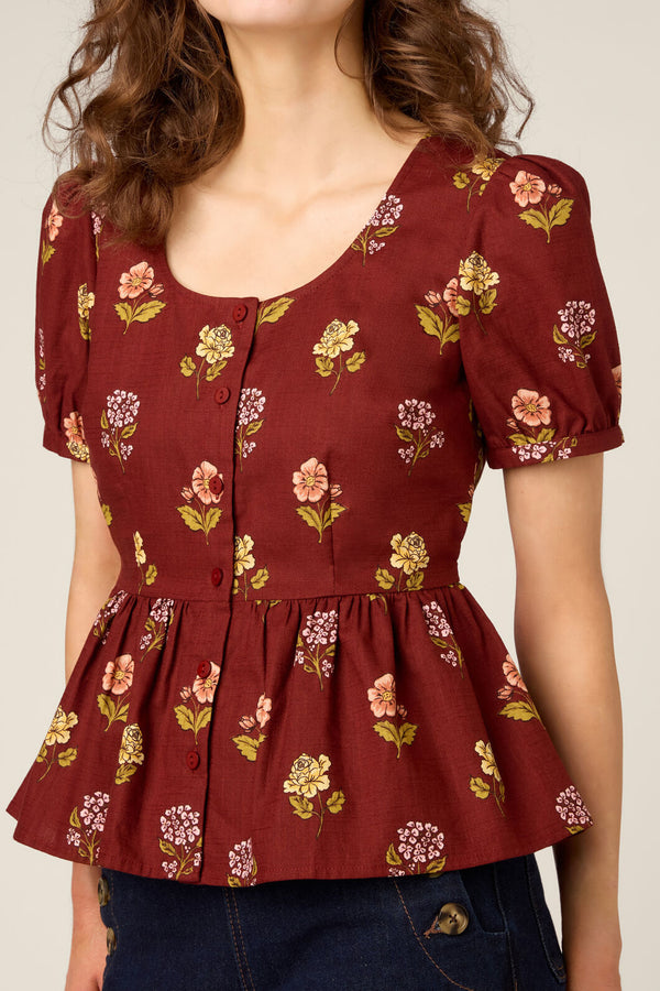 Princess Highway - Meika 90s Flower Peplum Top - rust