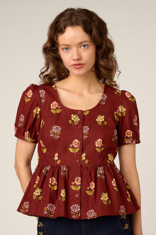 Princess Highway - Meika 90s Flower Peplum Top - rust