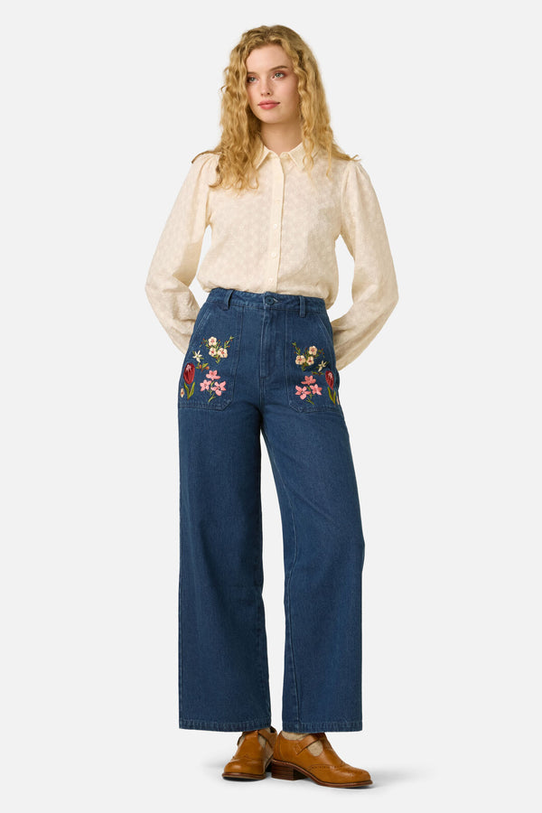 Princess Highway - Native Flora Embroidered Jean - blue-denim