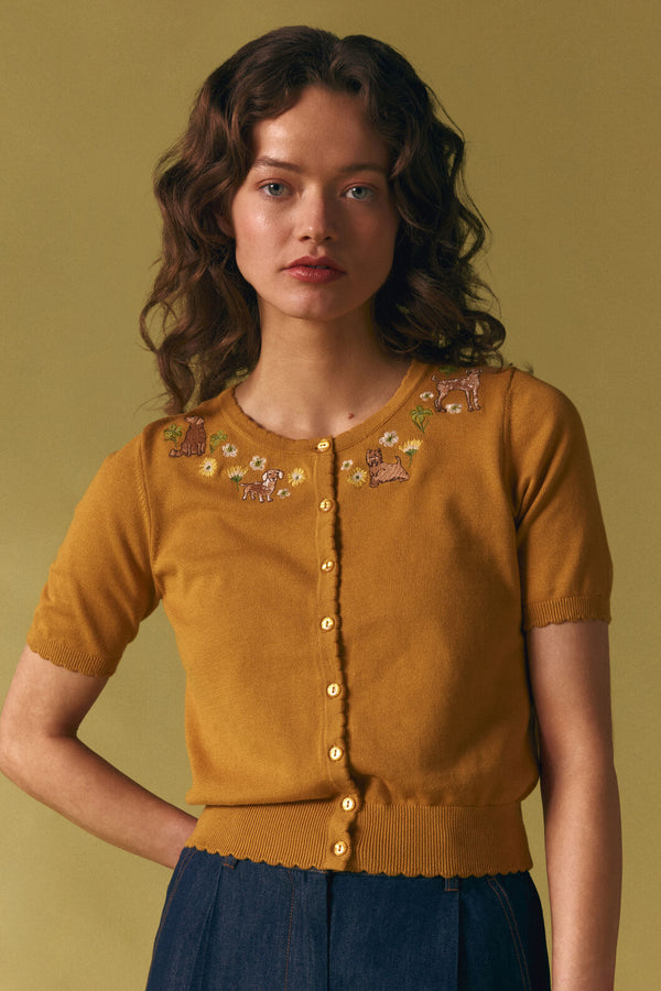 Princess Highway - Cute Dogs Embroidered Cardigan - mustard