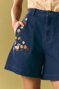 Princess Highway - Sweet Dogs Embroidered Shorts - blue-denim