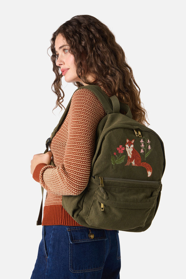 Princess Highway - Fox Embroidered Cord Backpack - green