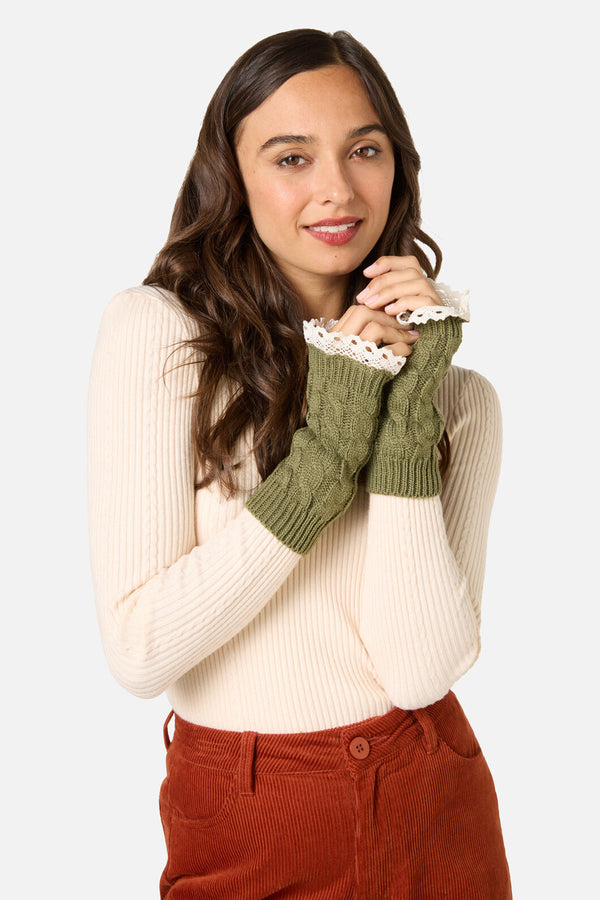 Princess Highway - Fingerless Lace Trim Gloves - olive