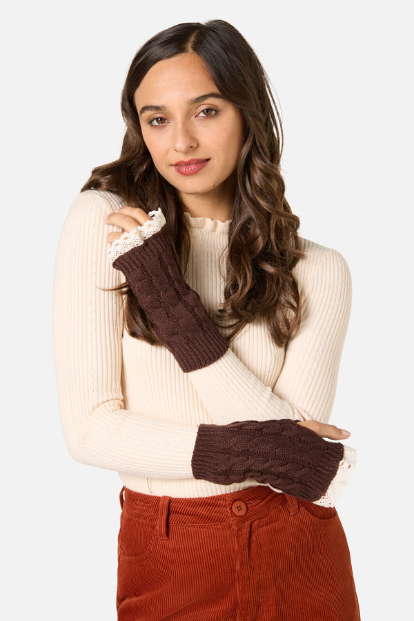 Princess Highway - Fingerless Lace Trim Gloves - chocolate