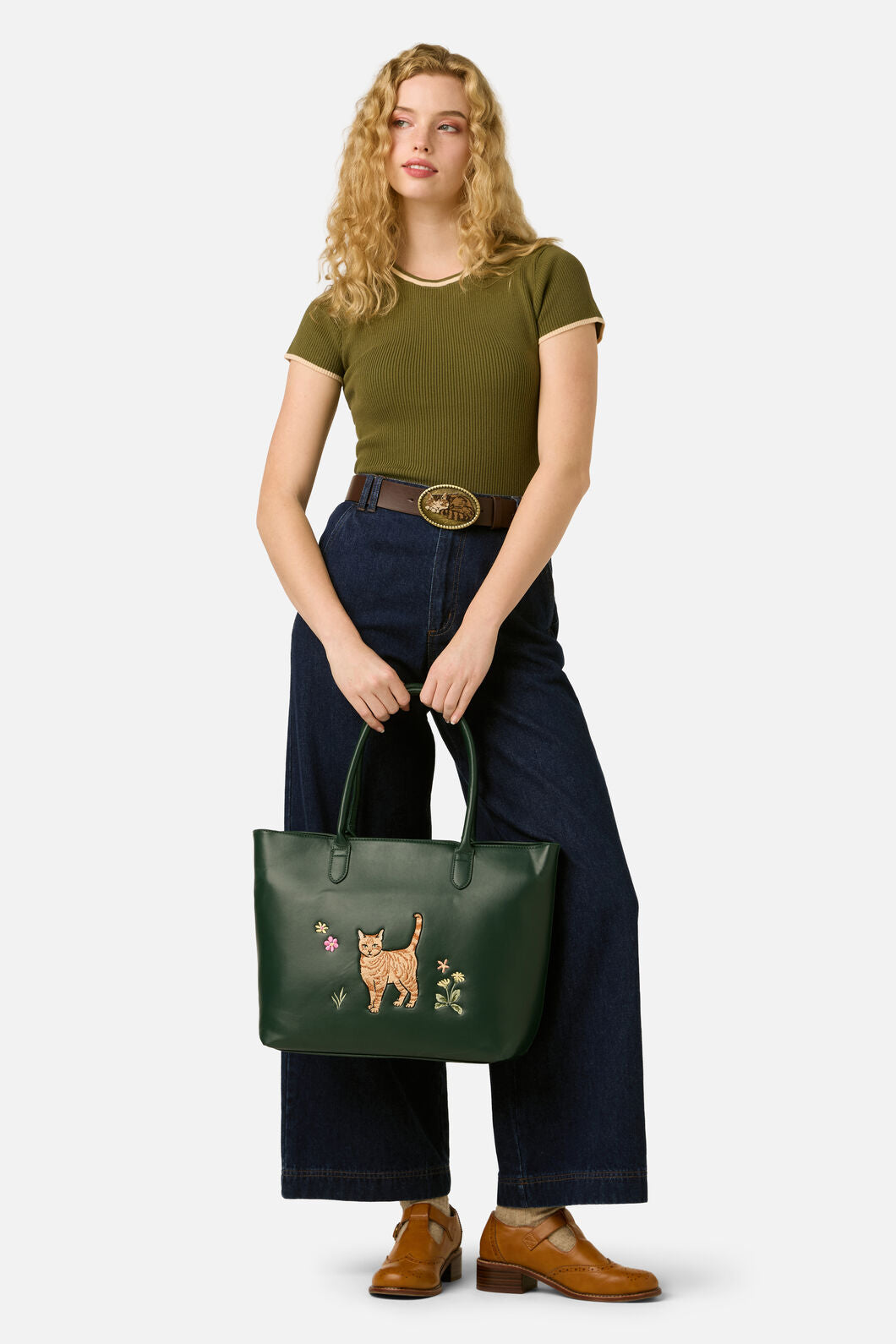 Princess Highway - Cute Cat Embroidered Tote - green