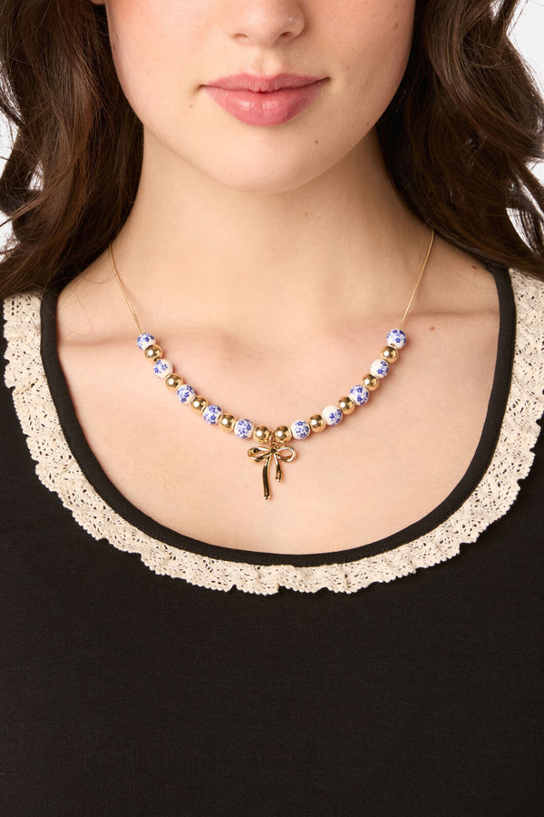 Princess Highway - Blue Flower Bow Necklace - blue