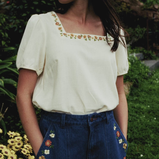 Princess Highway - Flower Chain Embroidered Top - cream