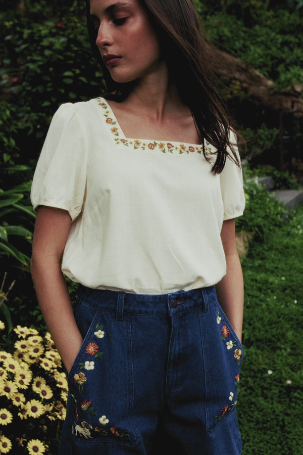 Princess Highway - Flower Chain Embroidered Top - cream