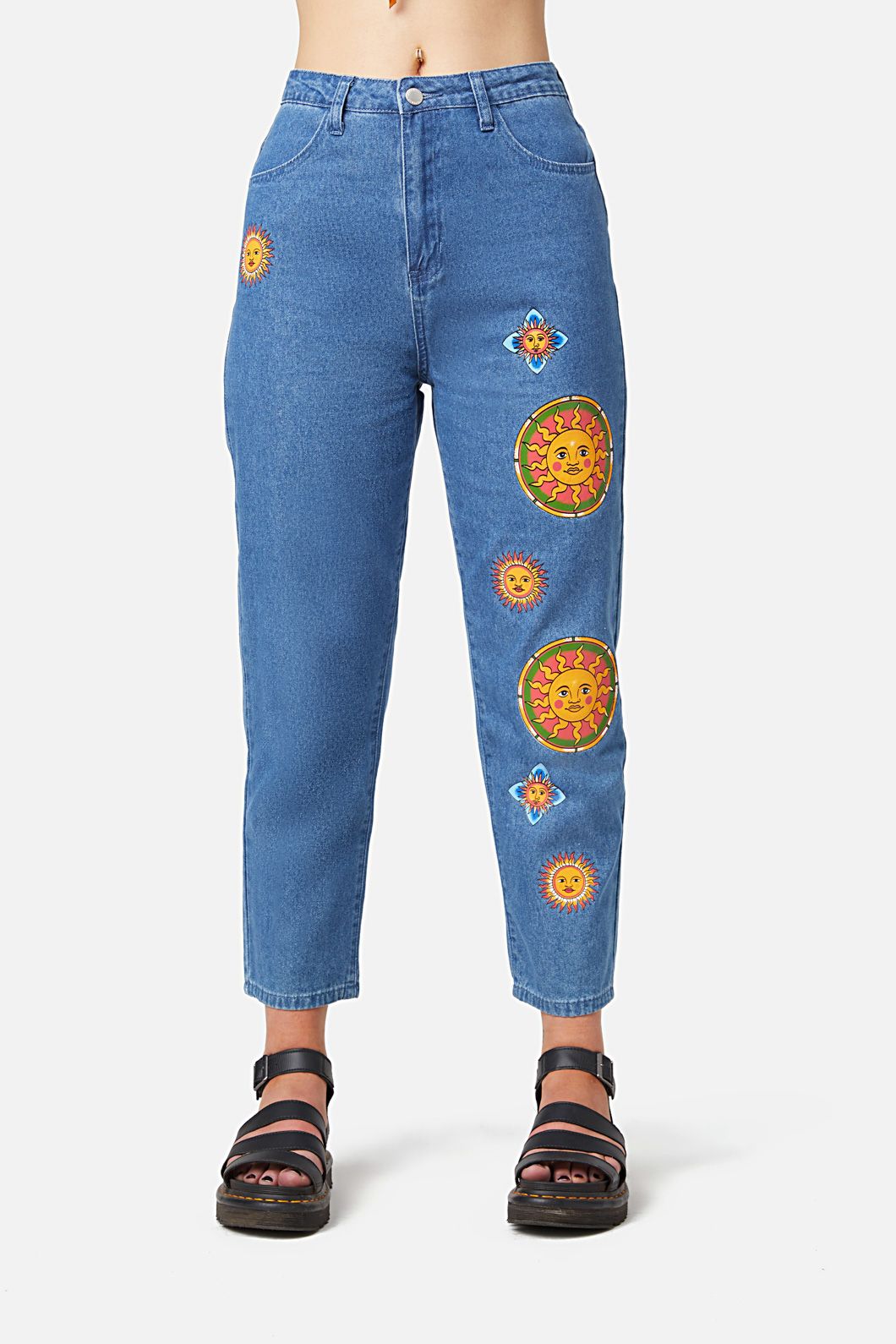 Moon Planet Stars Print Relaxed Jeans Womens Hippie Summer Loose Baggy Mom  Pants 