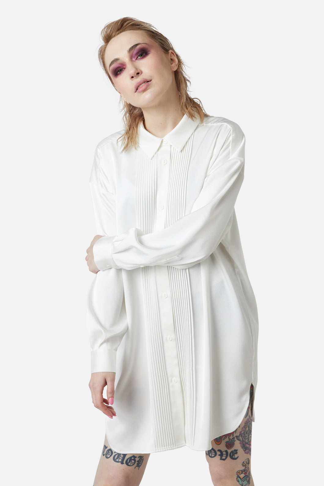 Dangerfield NZ - Satin Tux Shirt Dress - cream