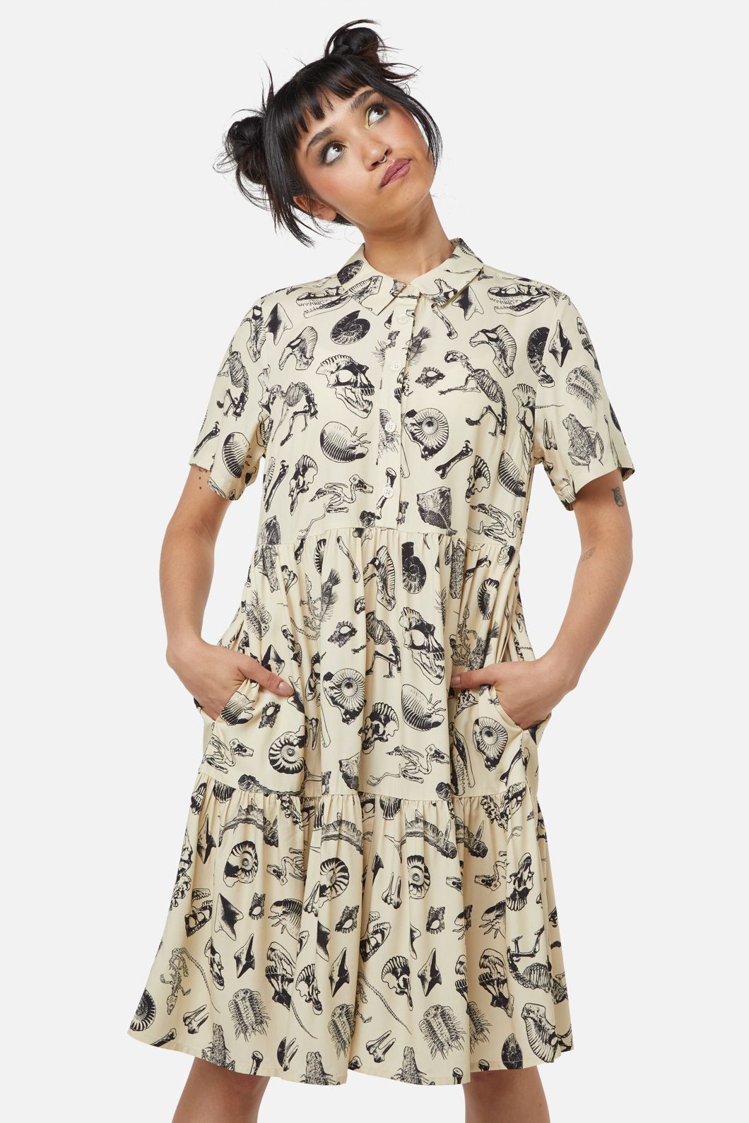 Dangerfield NZ - Body Fossils Printed Dress - cream